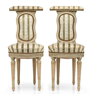 A pair of cream-painted and floral striped velvet upholstered boudoir chairs French 19th Century
