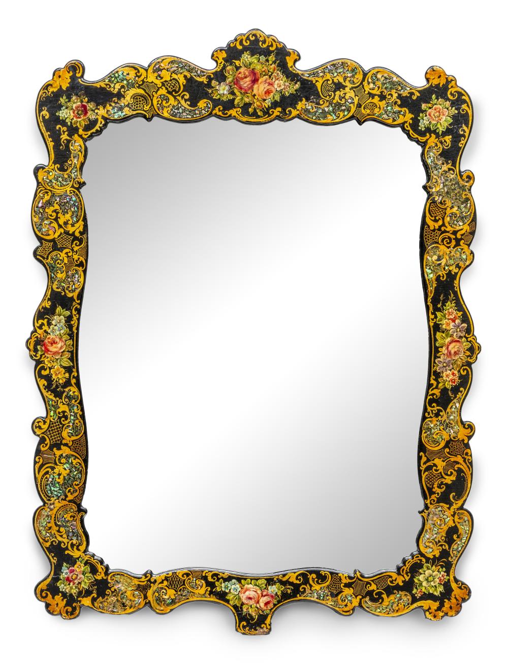 An unusual very decorative lacquer, decoupage and mother of pearl inlaid wall mirror French Circa 1900
