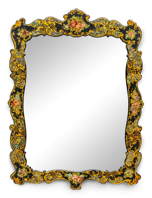 An unusual very decorative lacquer, decoupage and mother of pearl inlaid wall mirror French Circa 1900