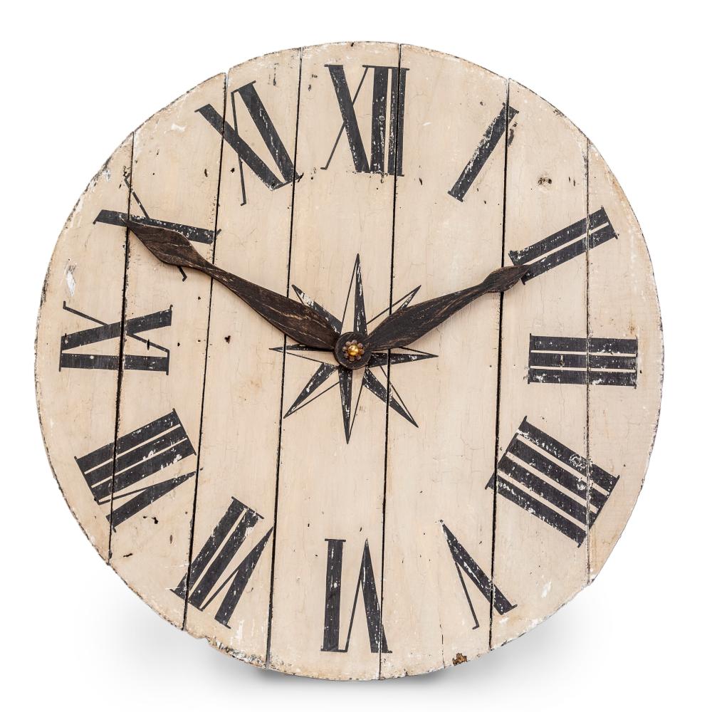 A large and decorative rustic French painted timber wall clock