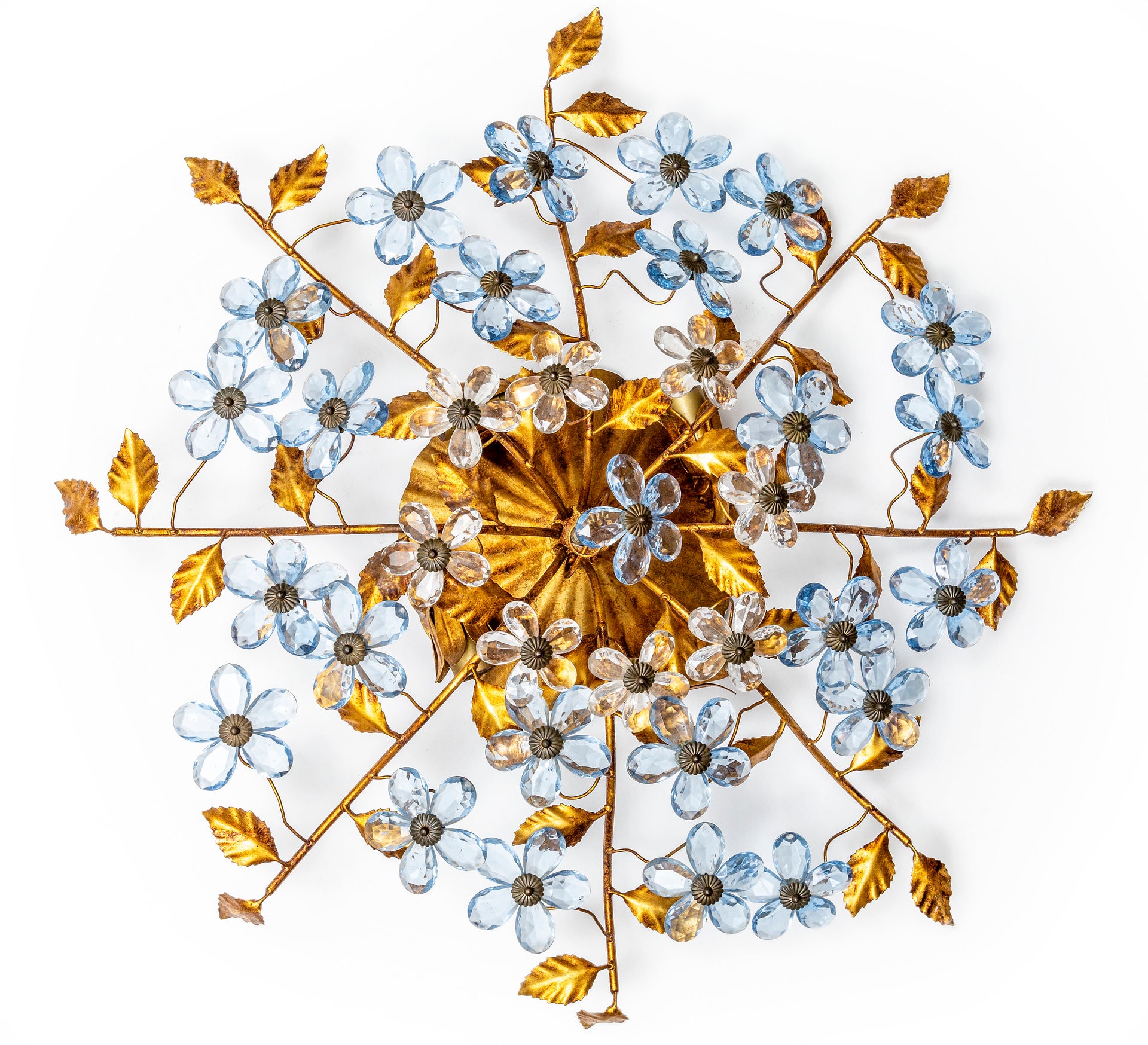 SOLD A beautiful gilt metal and blue glass floral ceiling or wall garland light, Italian Circa 1950