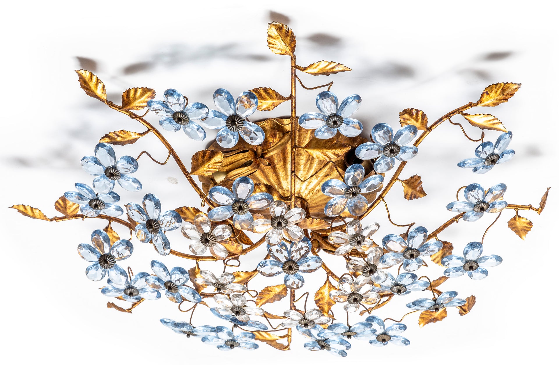 SOLD A beautiful gilt metal and blue glass floral ceiling or wall garland light, Italian Circa 1950