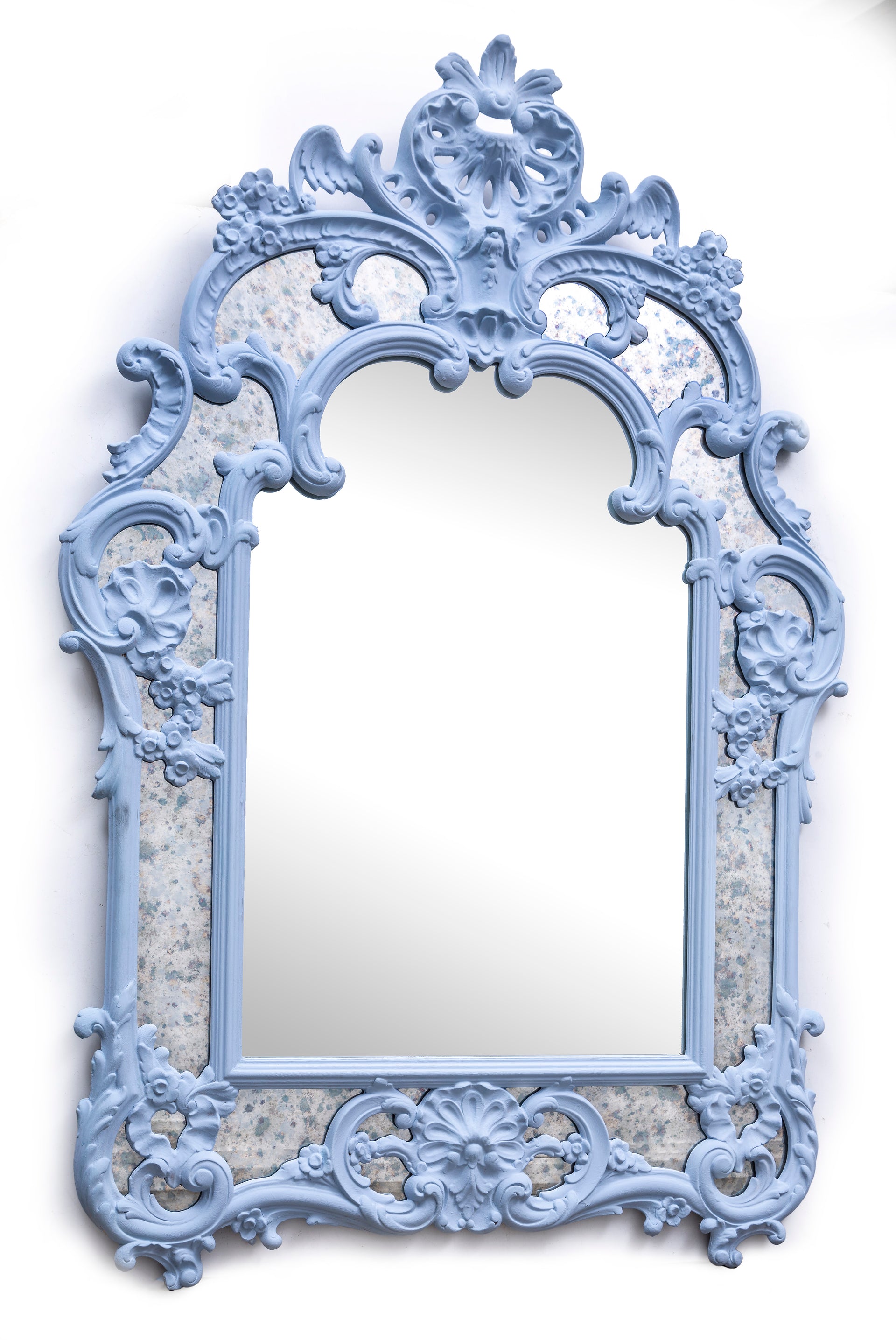 SOLD An ornately carved wall mirror painted Louis-blue, French 19th Century