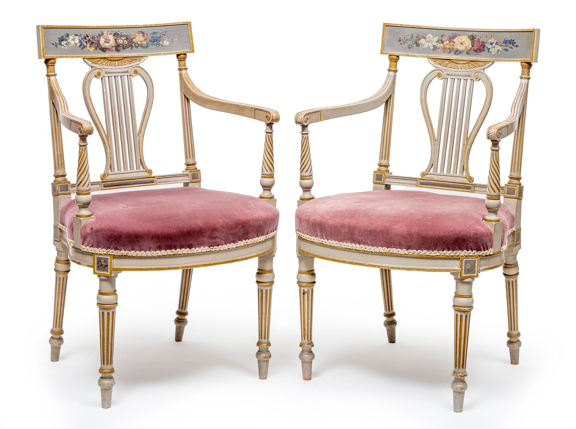 A very pretty pair of lyre back armchairs painted with floral motifs, French Circa 1900