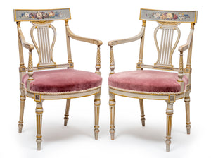 A very pretty pair of lyre back armchairs painted with floral motifs, French Circa 1900