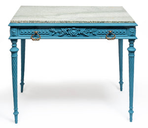 SOLD A stylish turquoise painted table with green flecked marble top, French 19th Century