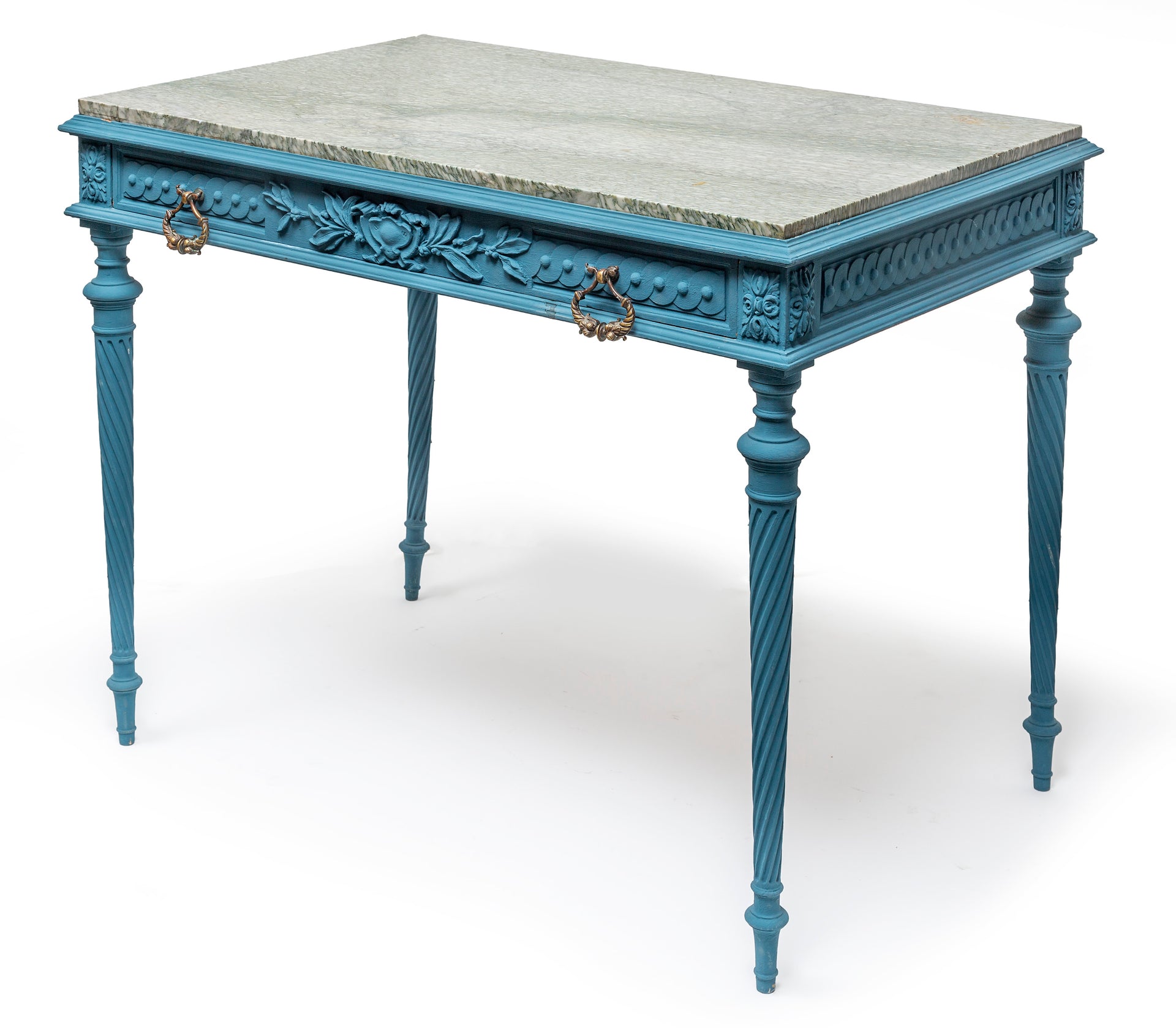 SOLD A stylish turquoise painted table with green flecked marble top, French 19th Century