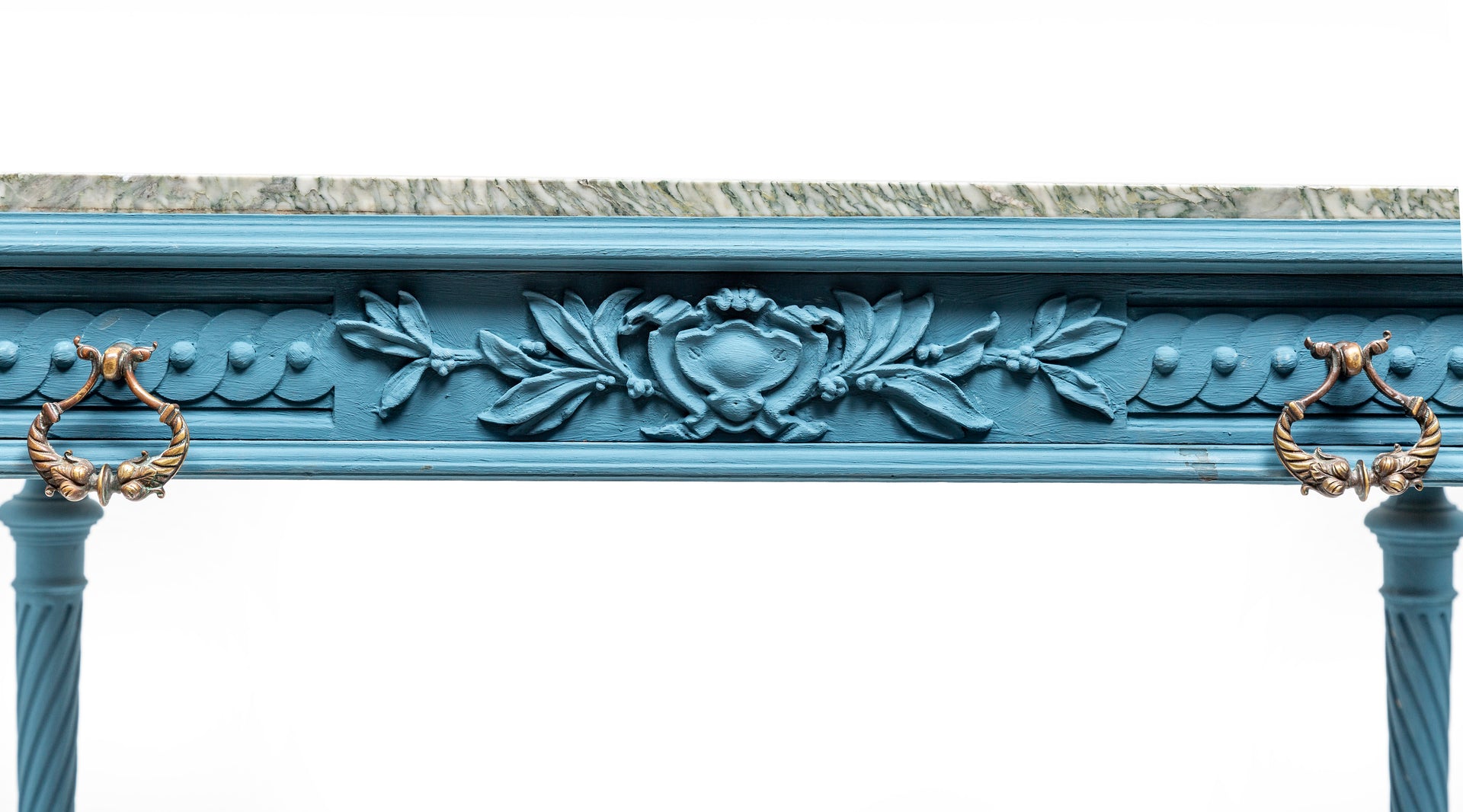 SOLD A stylish turquoise painted table with green flecked marble top, French 19th Century