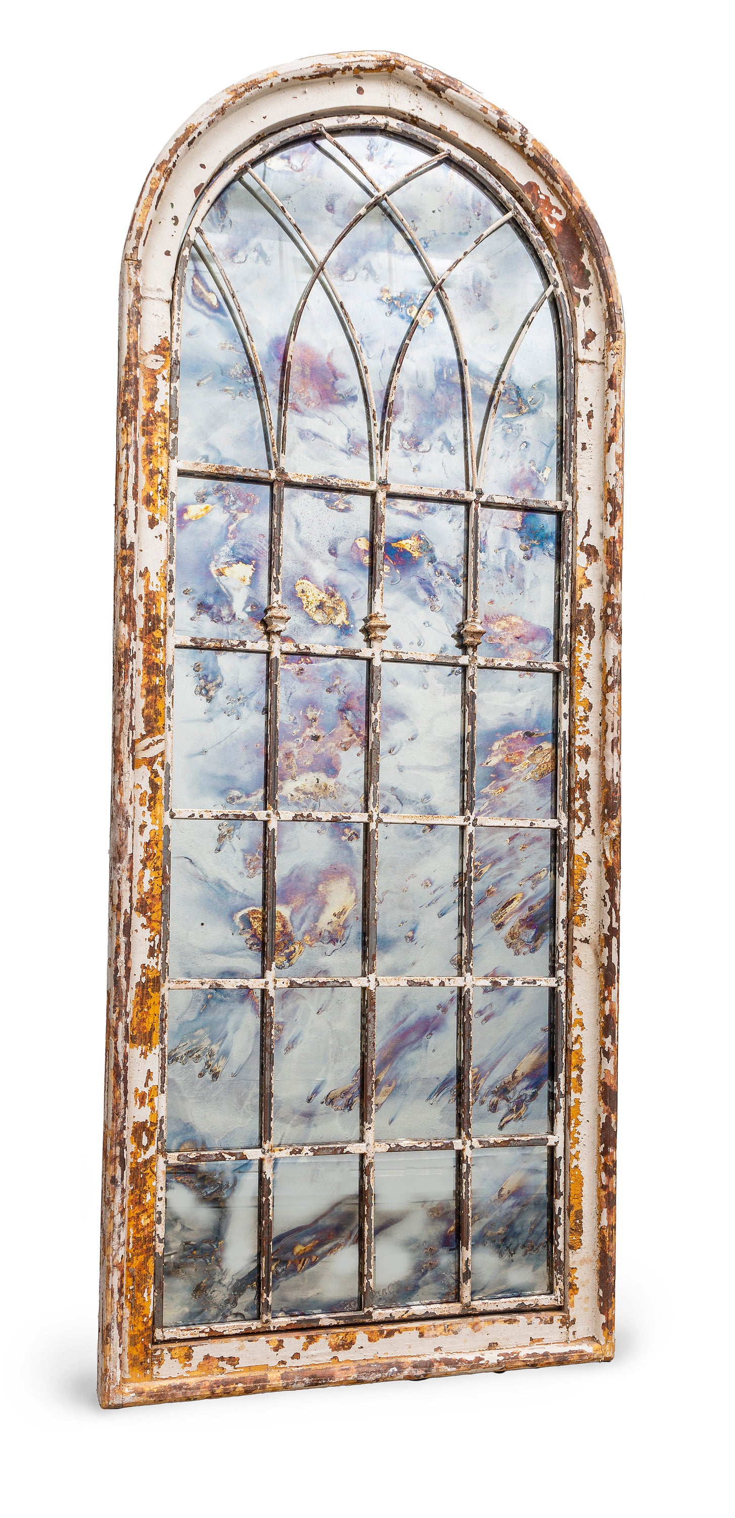 A rustic Antique French painted timber and metal casement window wall mirror in the Gothic style
