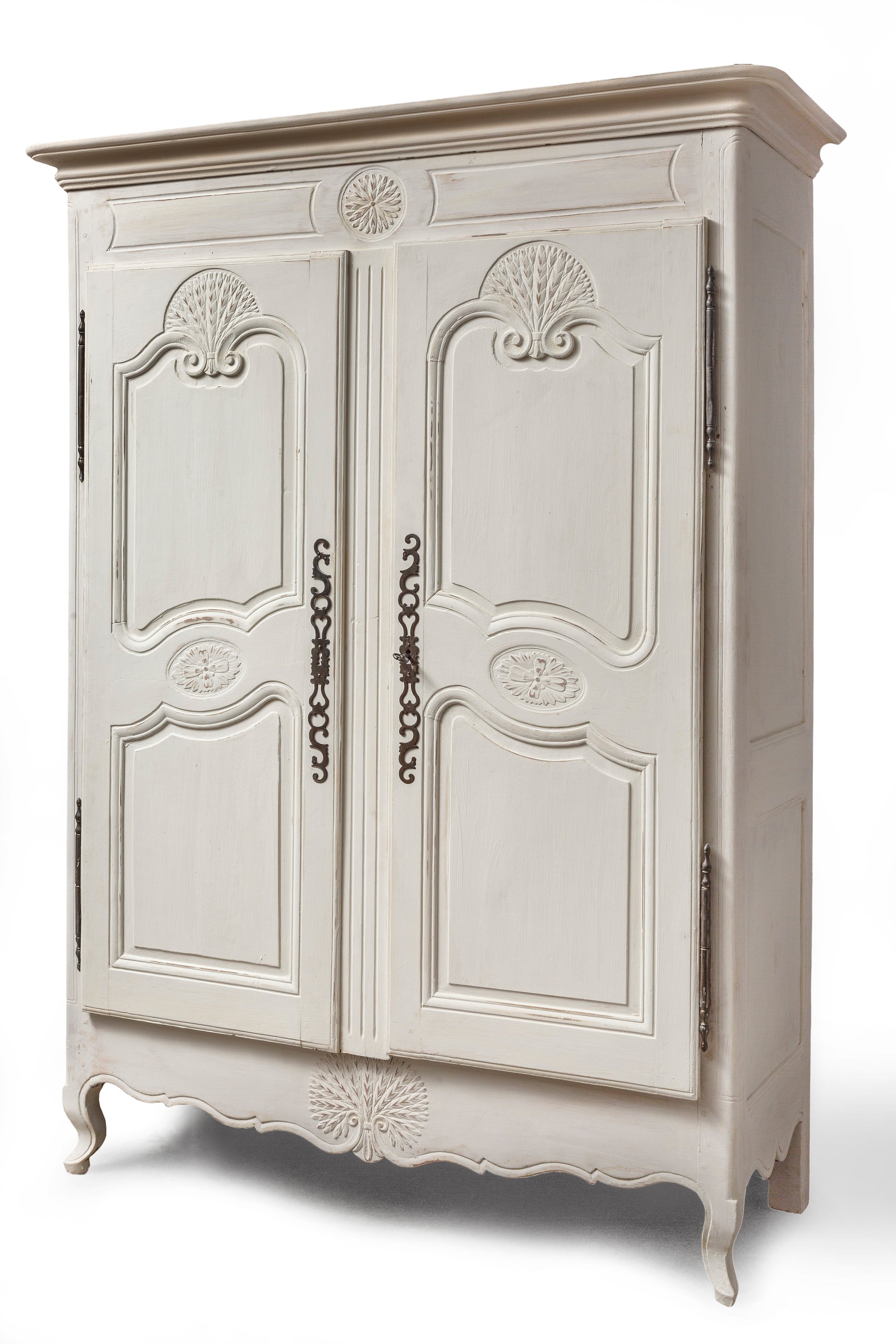 SOLD A powder white painted Armoire, carved with wheat details, French 19th Century