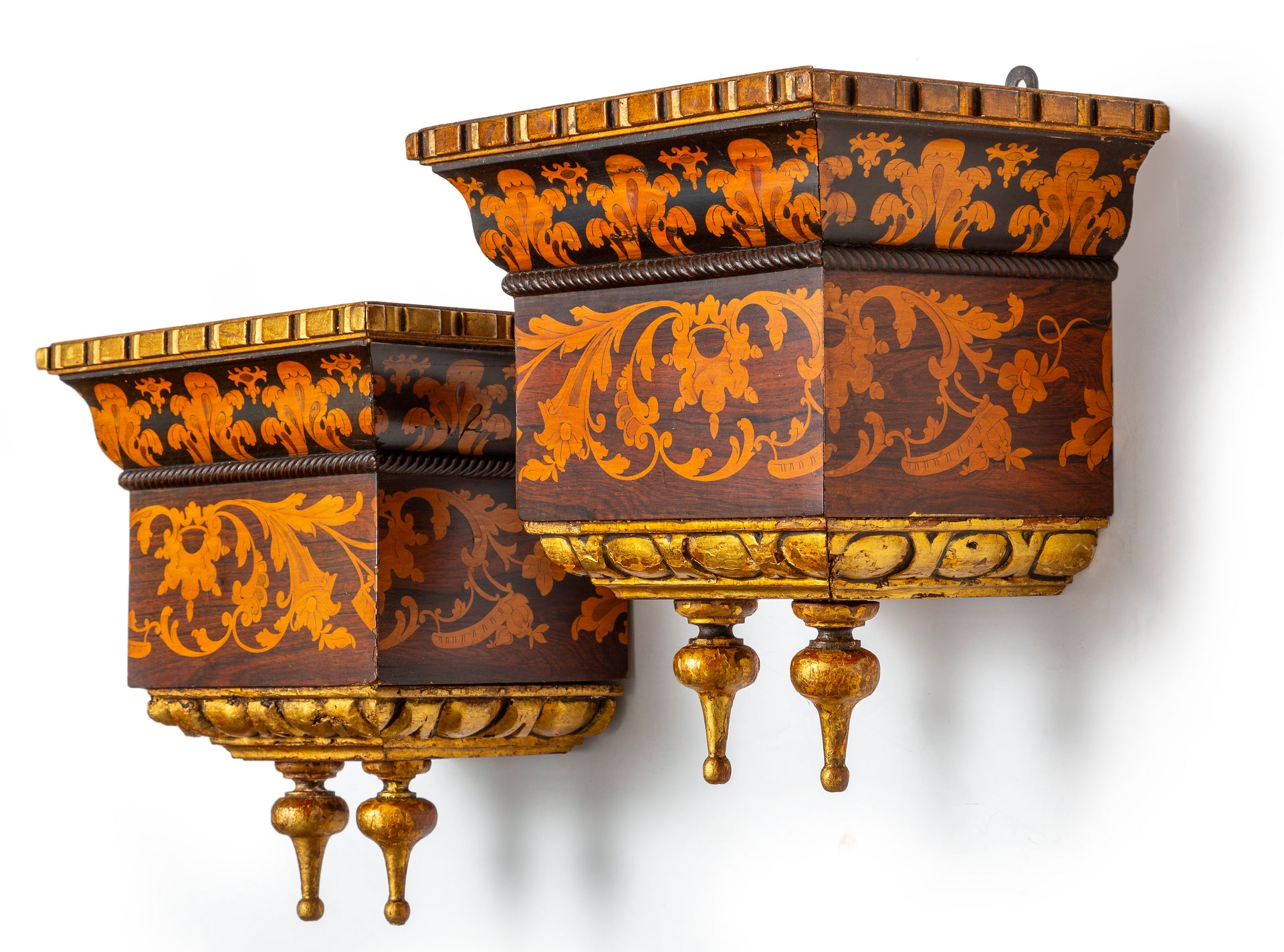 SOLD An exotic pair of marquetry and giltwood wall sconces, French 19th Century