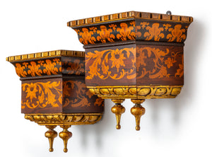 SOLD An exotic pair of marquetry and giltwood wall sconces, French 19th Century