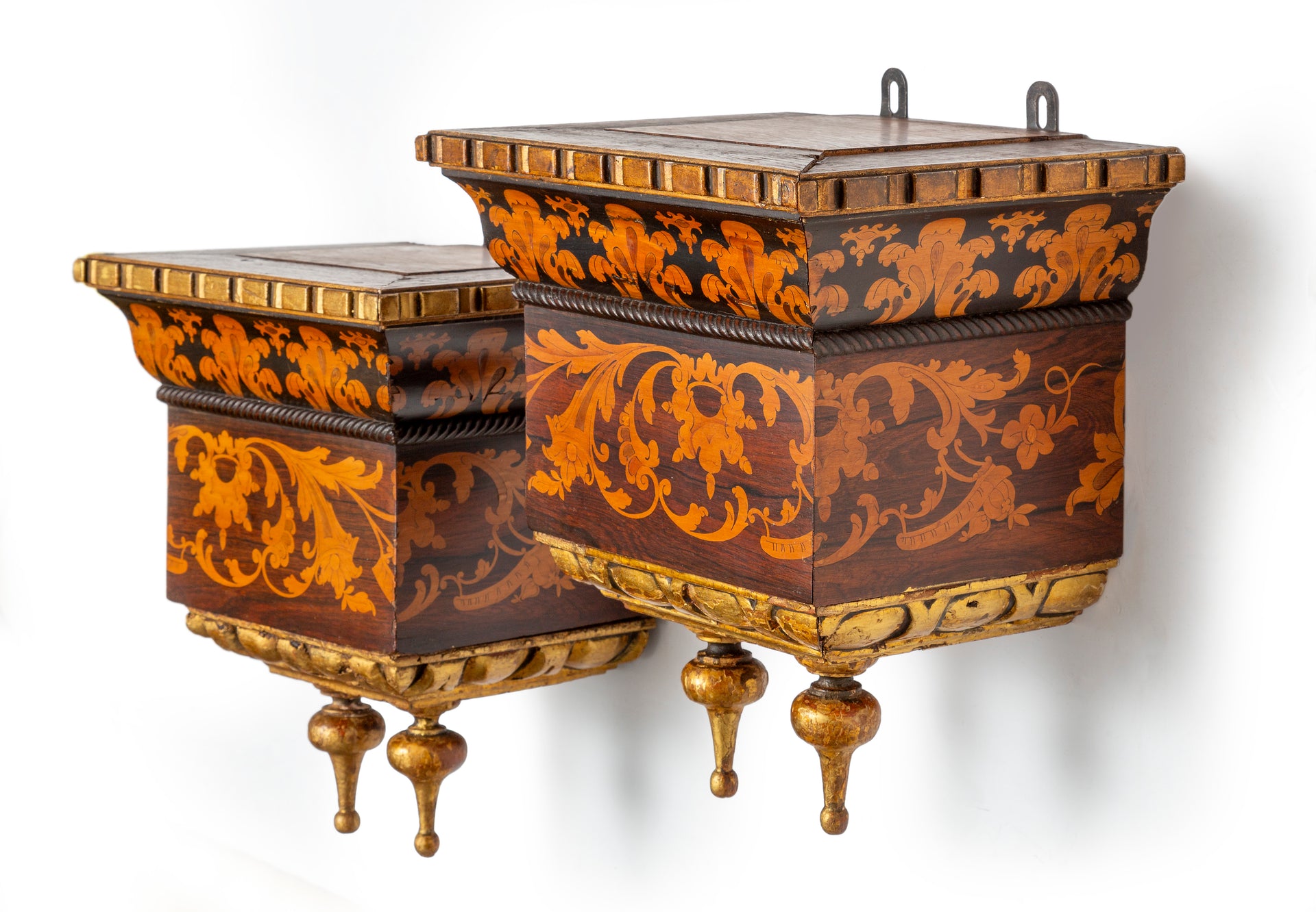 SOLD An exotic pair of marquetry and giltwood wall sconces, French 19th Century