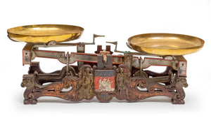 SOLD An impressive set of polychrome painted brass and cast iron butchers scales, French 19th Century
