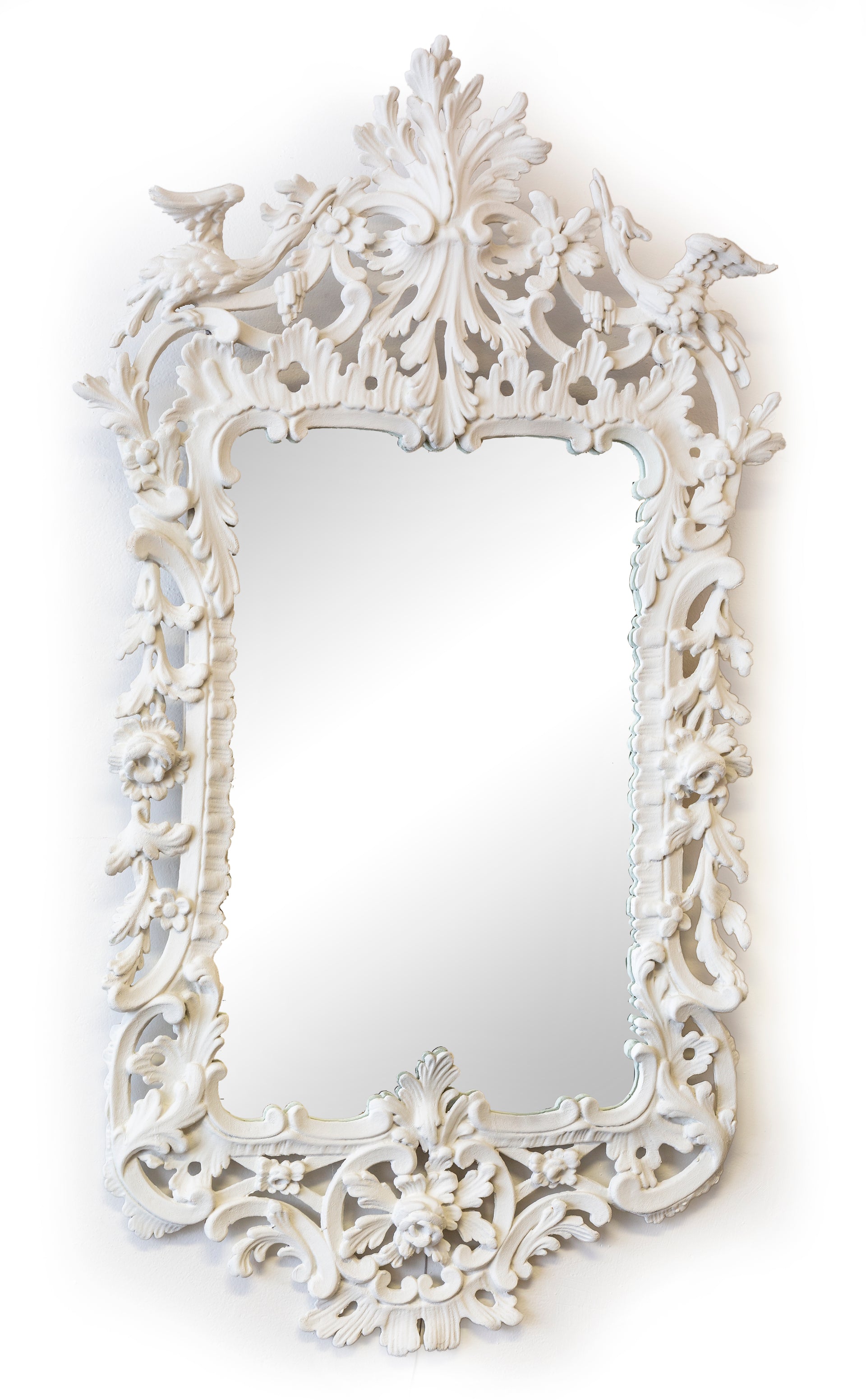 SOLD A magnificent white -gesso painted and decoratively carved Ho Ho Bird Mirror, Italian Circa 1900