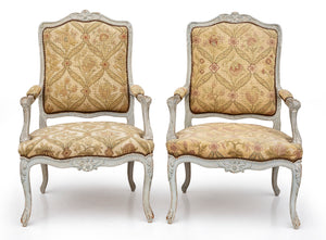 SOLD A pair of pale grey painted Louis XV style fauteuils, French 19th Century