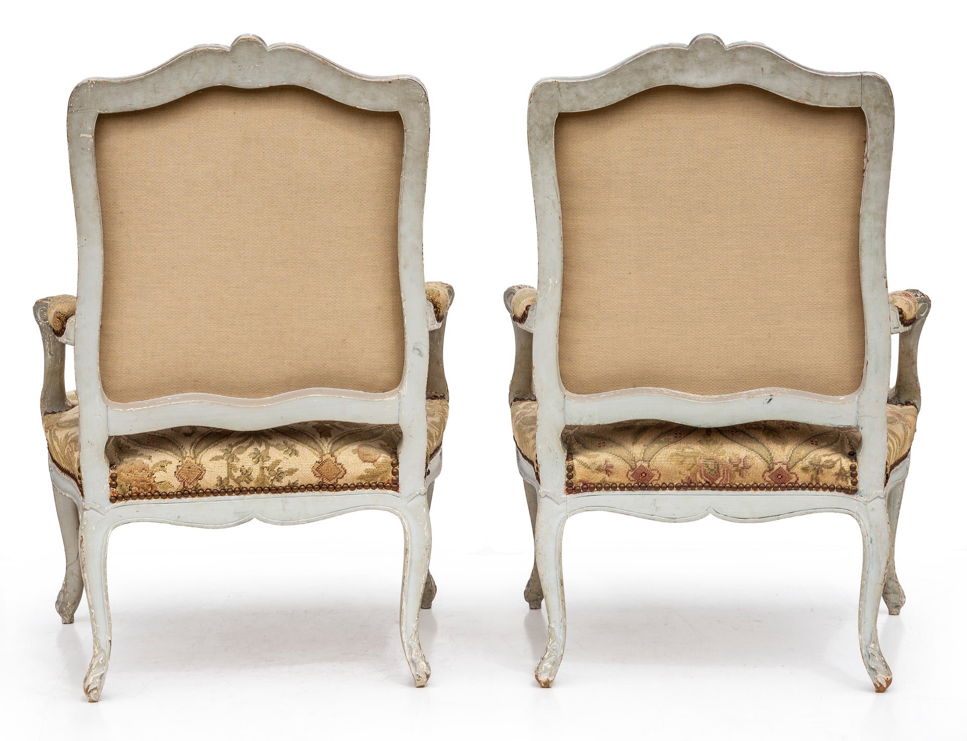 SOLD A pair of pale grey painted Louis XV style fauteuils, French 19th Century