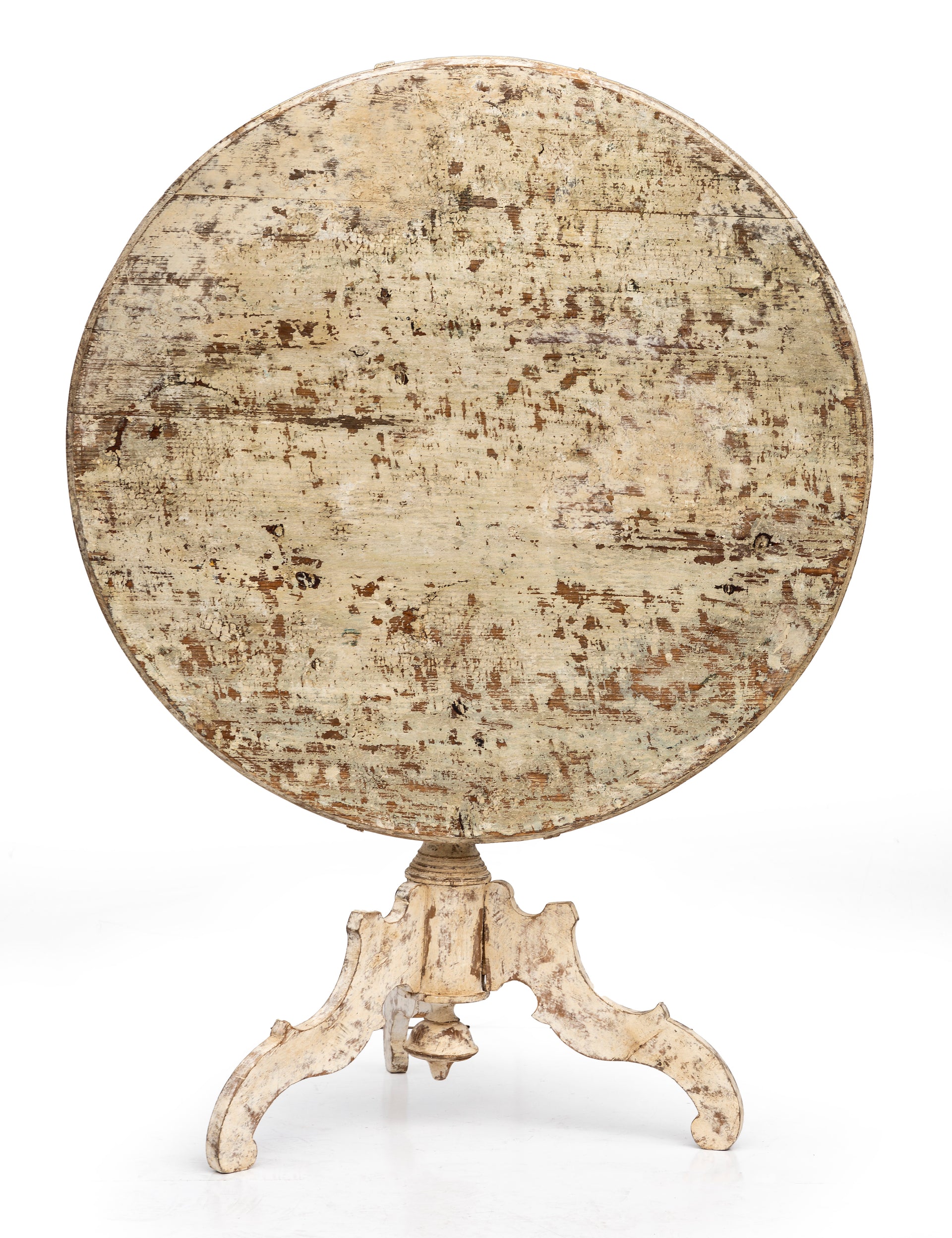SOLD A rustic decoratively painted white timber circular tilt-top table, Swedish 19th Century