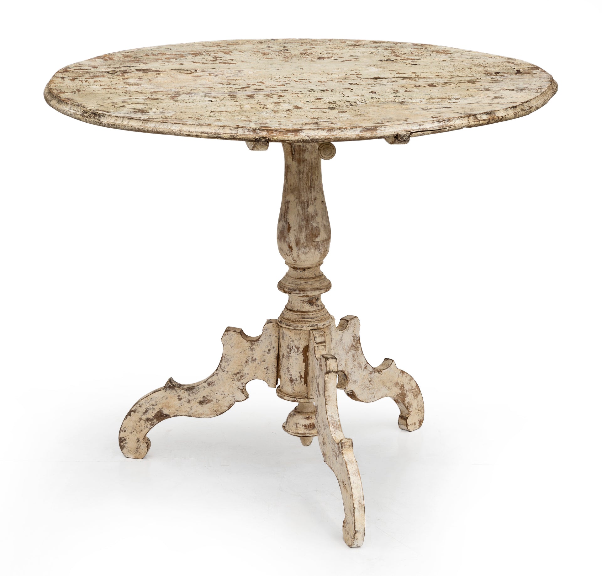 SOLD A rustic decoratively painted white timber circular tilt-top table, Swedish 19th Century