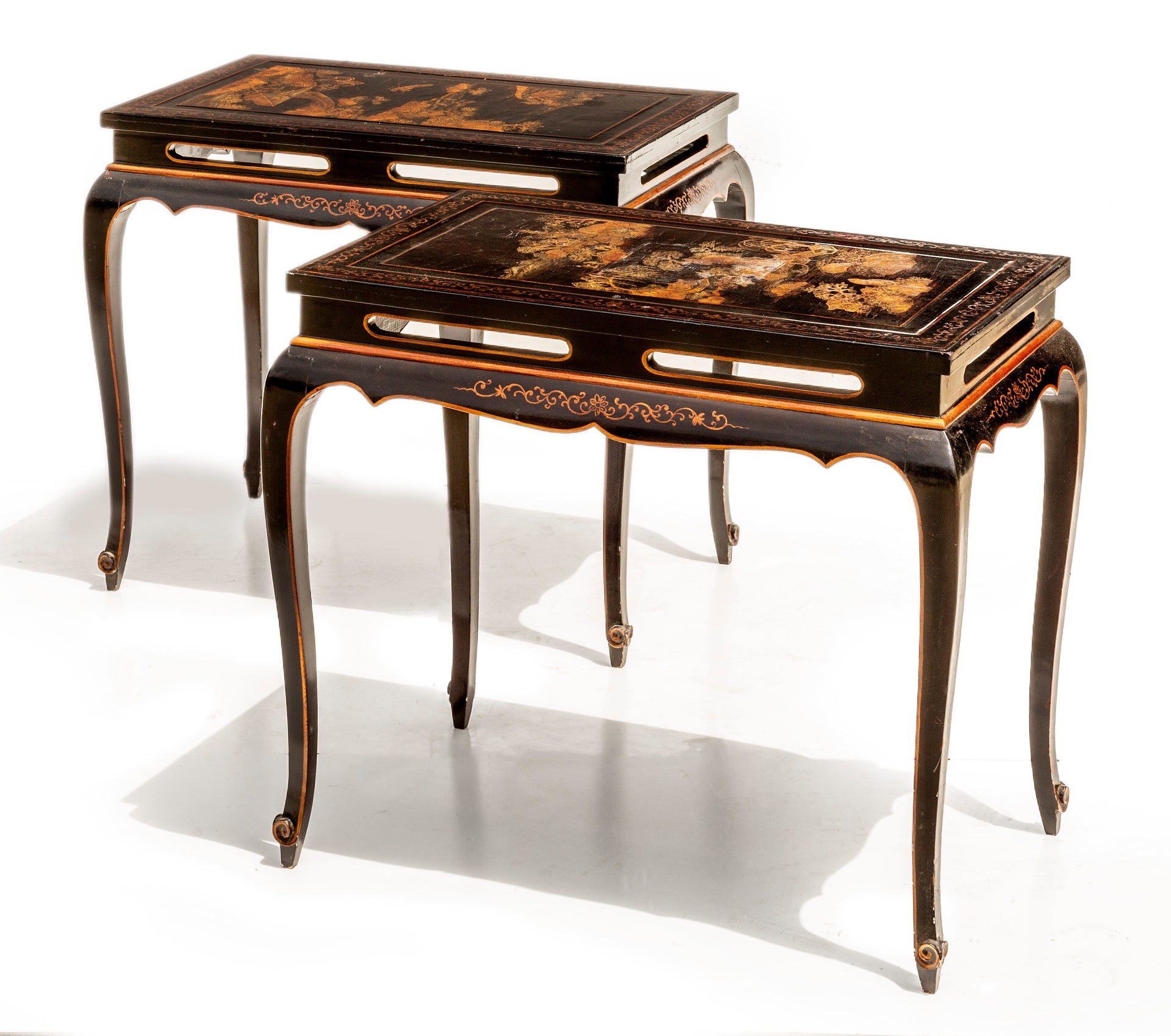 SOLD A stylish pair of black Chinoiserie lacquer side tables, French Circa 1940