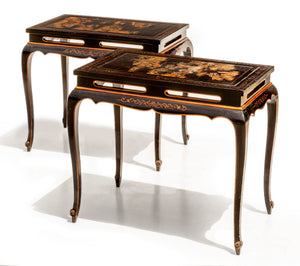 SOLD A stylish pair of black Chinoiserie lacquer side tables, French Circa 1940