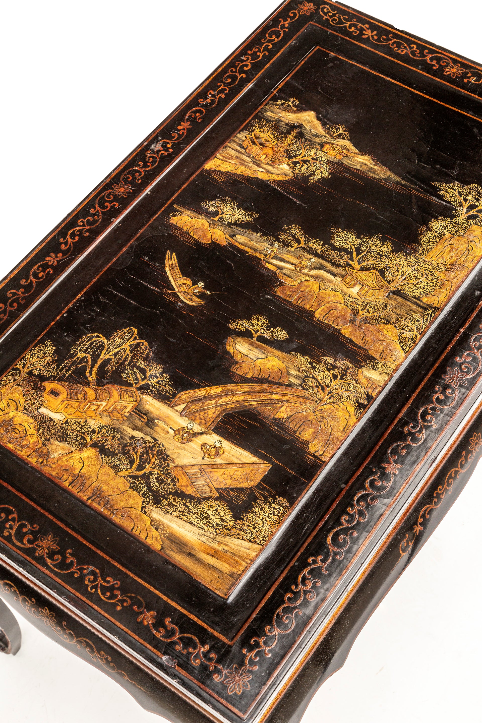 SOLD A stylish pair of black Chinoiserie lacquer side tables, French Circa 1940