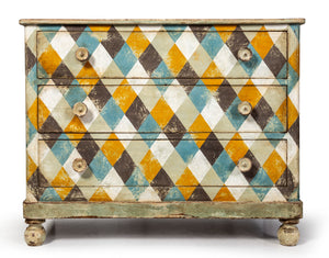SOLD A striking rustic harlequin painted timber chest of drawers, Italian Circa 1900
