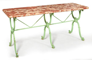 SOLD A magnificent pale green painted cast iron table with honed rouge marble top, French 19th Century