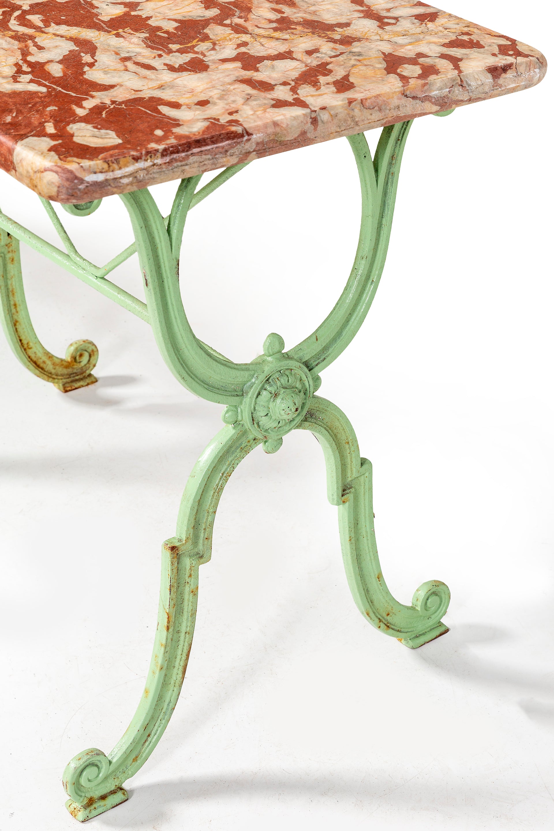 SOLD A magnificent pale green painted cast iron table with honed rouge marble top, French 19th Century