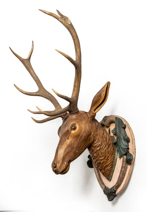 SOLD A wonderful painted and carved timber wall mounting stags head, French 19th Century