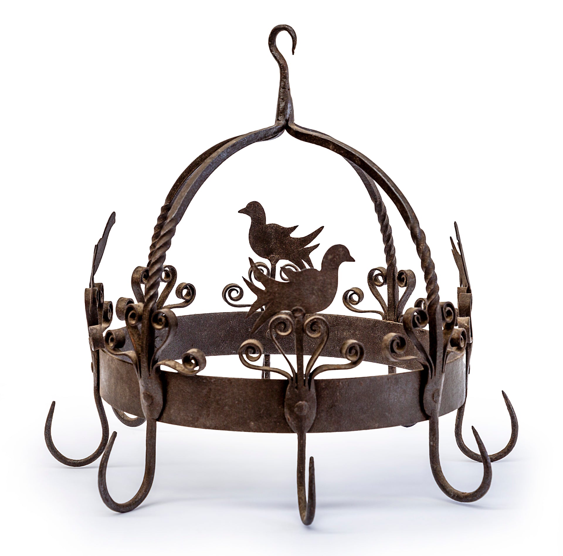 SOLD A whimsical wrought iron hanging pot hook holder, French 19th Century