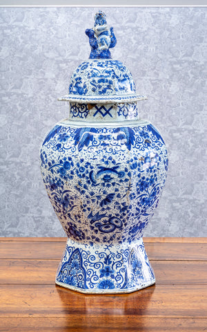 SOLD A grand blue and white faience lidded ginger jar, Delft 18th Century