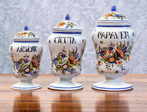 SOLD A set of three hand-painted French vintage faience lidded storage jars