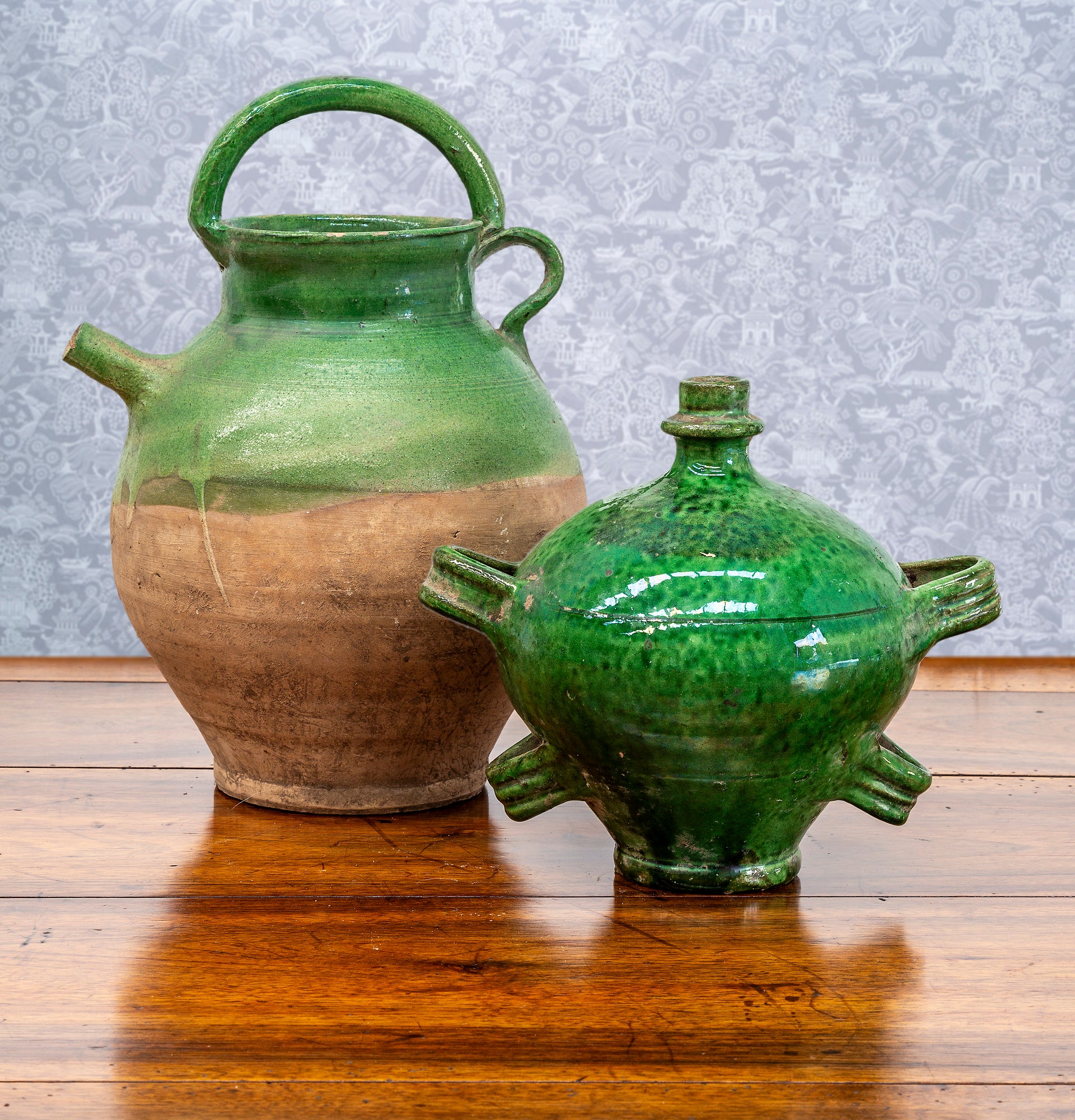 SOLD Two jade green glazed terracotta ewers, French Provincial 19th Century