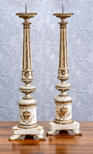 SOLD A pair of carved tall painted and gilded torchere candlesticks, French 18th Century