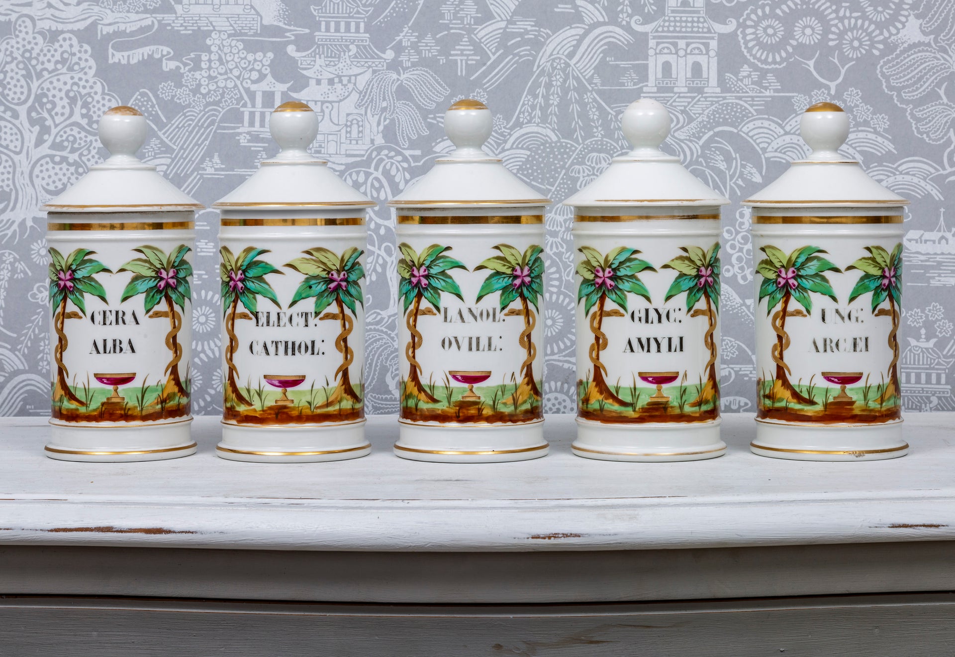 SOLD A beautiful set of five painted porcelain pharmacy jars with lids, French 19th Century