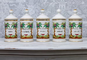 SOLD A beautiful set of five painted porcelain pharmacy jars with lids, French 19th Century