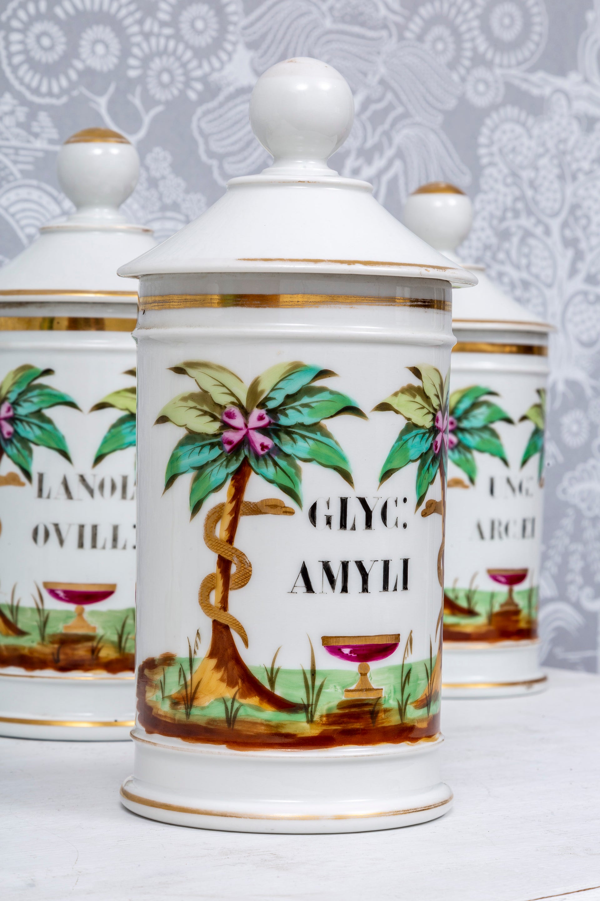 SOLD A beautiful set of five painted porcelain pharmacy jars with lids, French 19th Century