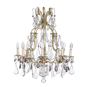 SOLD An exceptional amethyst and clear crystal gilt metal chandelier, Italian Circa 1950