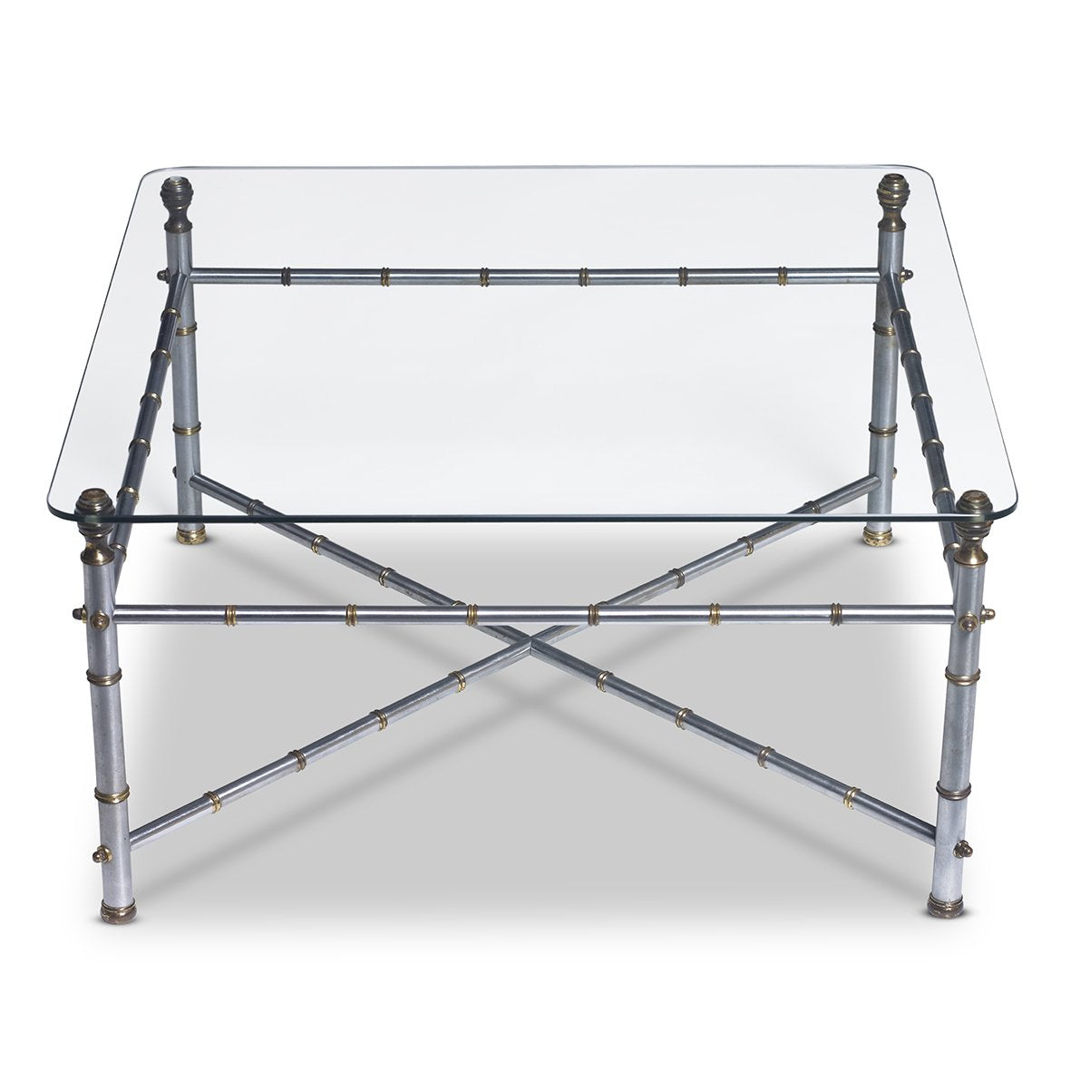 SOLD A stylish brushed silver and brass bamboo form square coffee table with a glass top