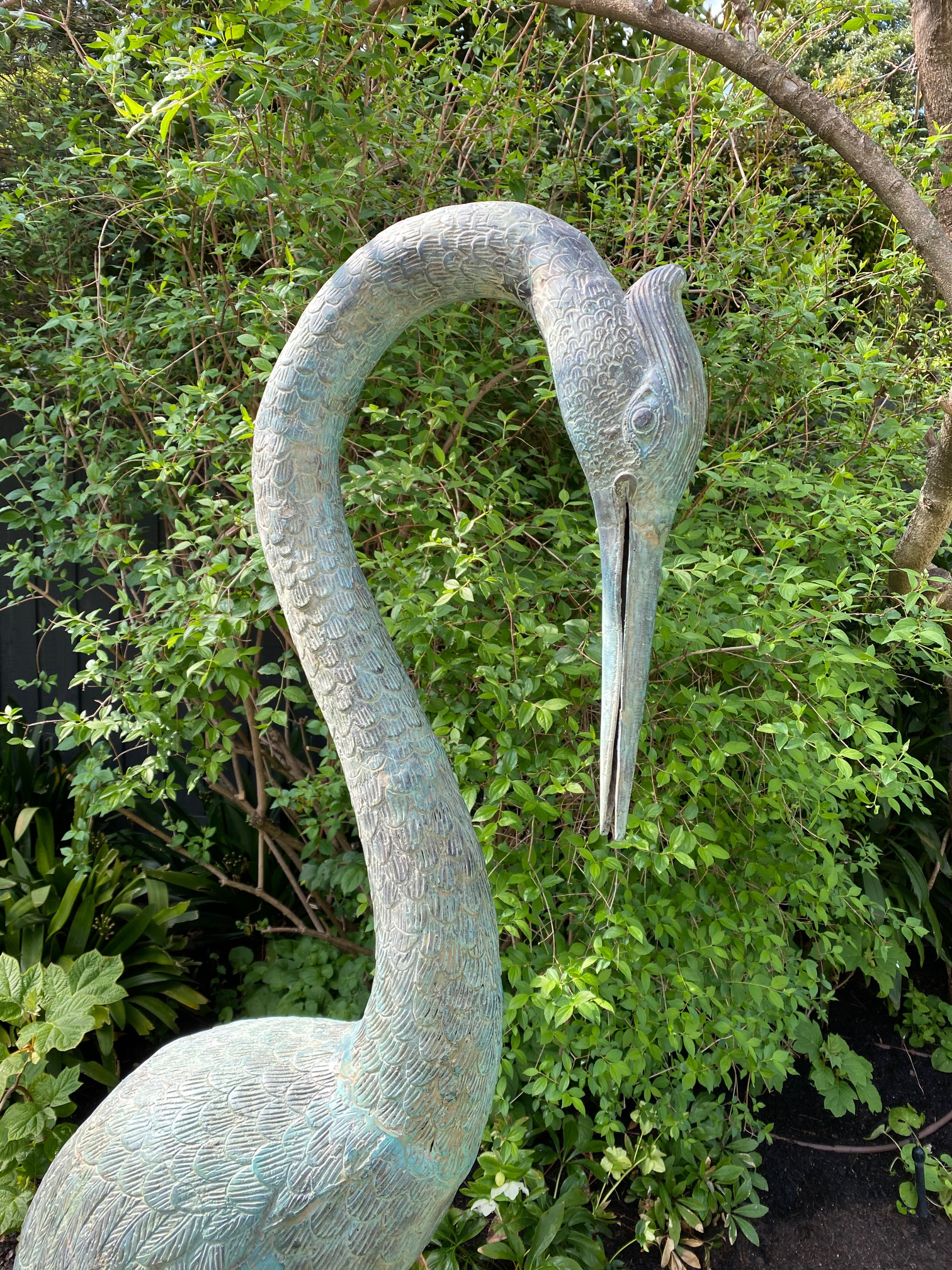 SOLD A beautiful pair of large bronze water birds with verdigris finish, in the Japanese style