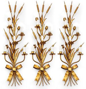 SOLD A beautiful and decorative five candle gilt metal bullrush and bow design wall light, French Circa 1950