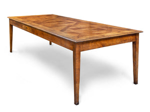 SOLD A large fruitwood Versailles parquetry farmhouse table, French Circa 1940
