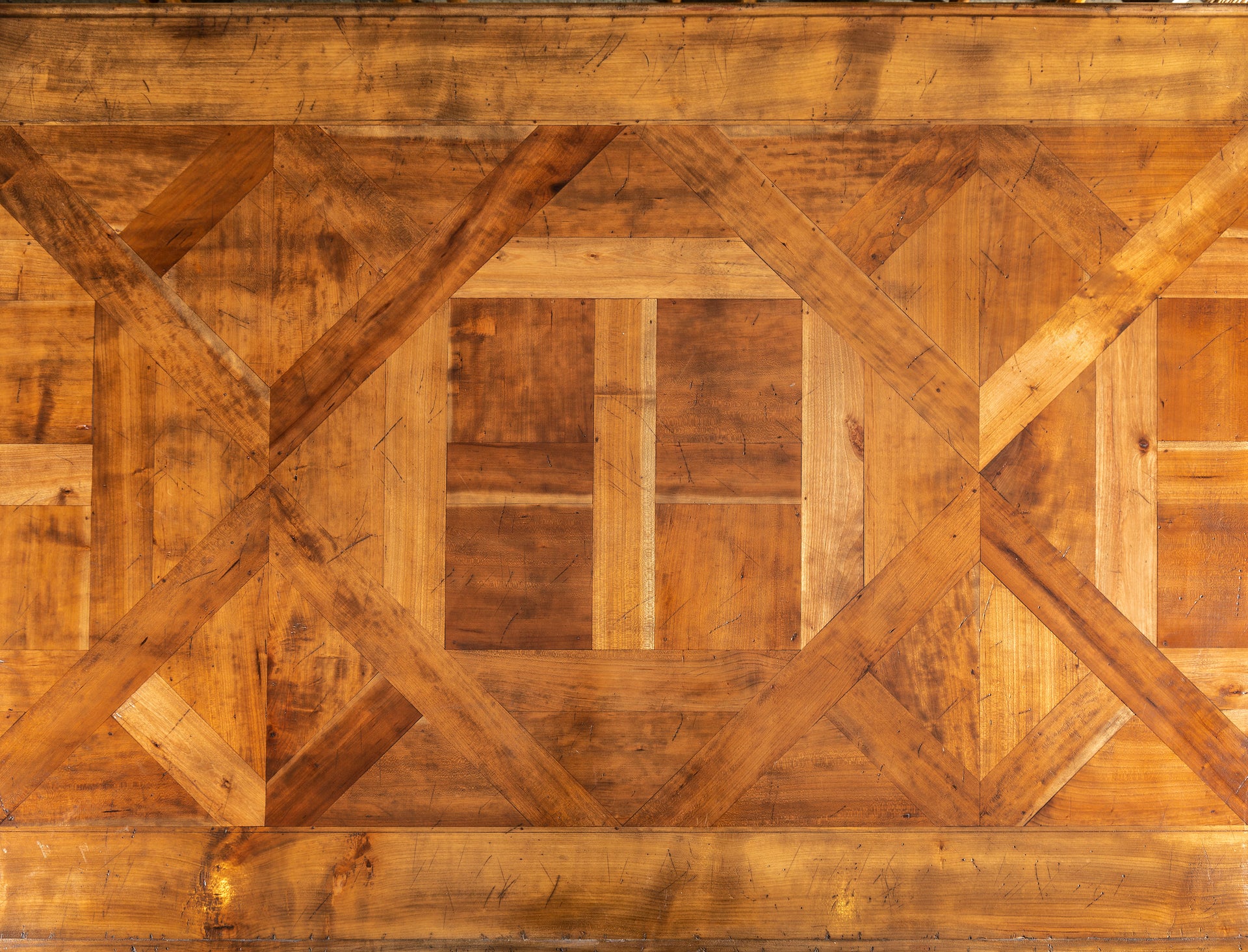 SOLD A classic fruitwood Versailles parquetry farmhouse table, French Circa 1940