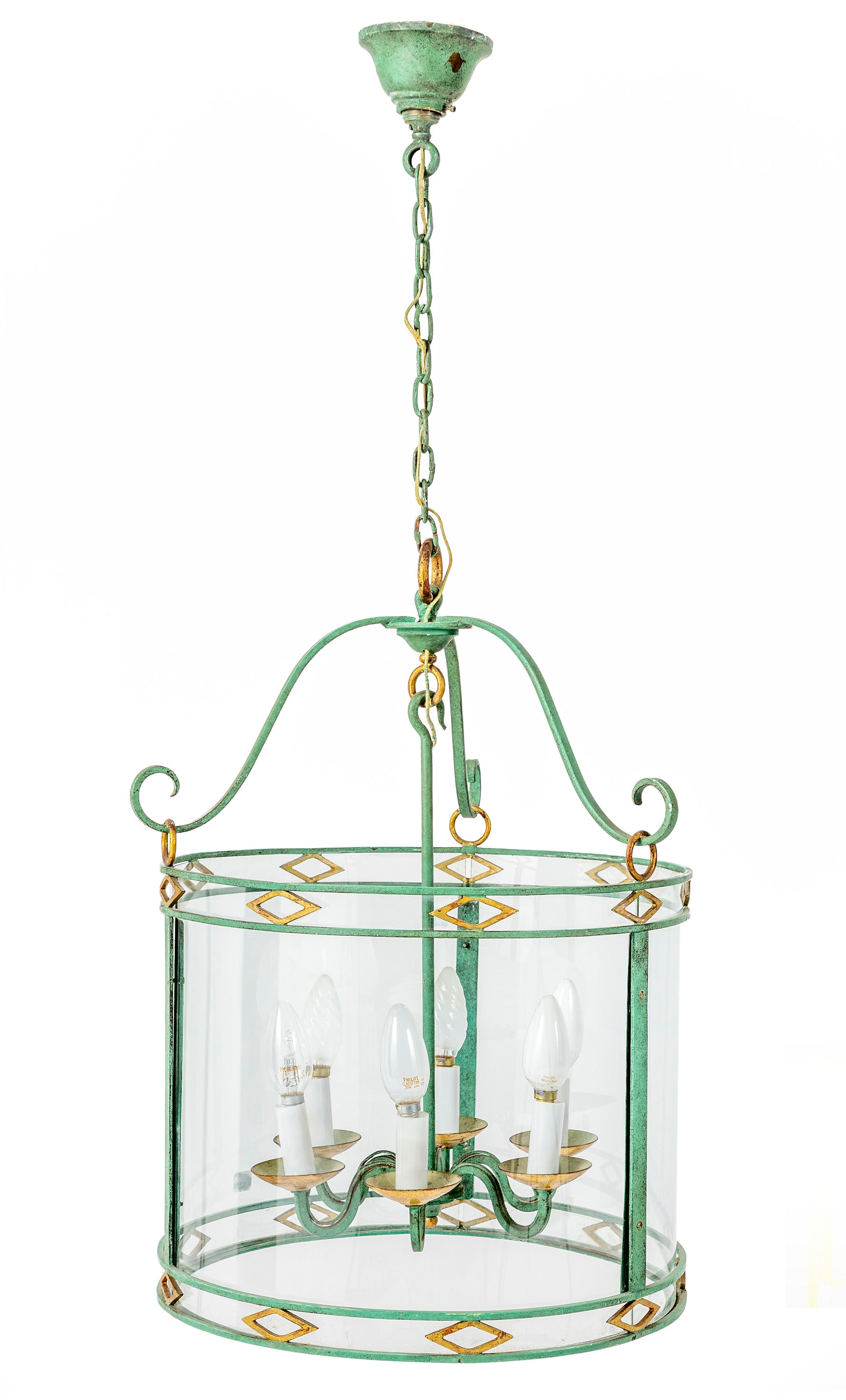 SOLD A stylish lacquered verdigris and brass circular glass lantern, French Circa 1940