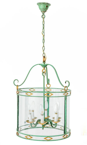 SOLD A stylish lacquered verdigris and brass circular glass lantern, French Circa 1940