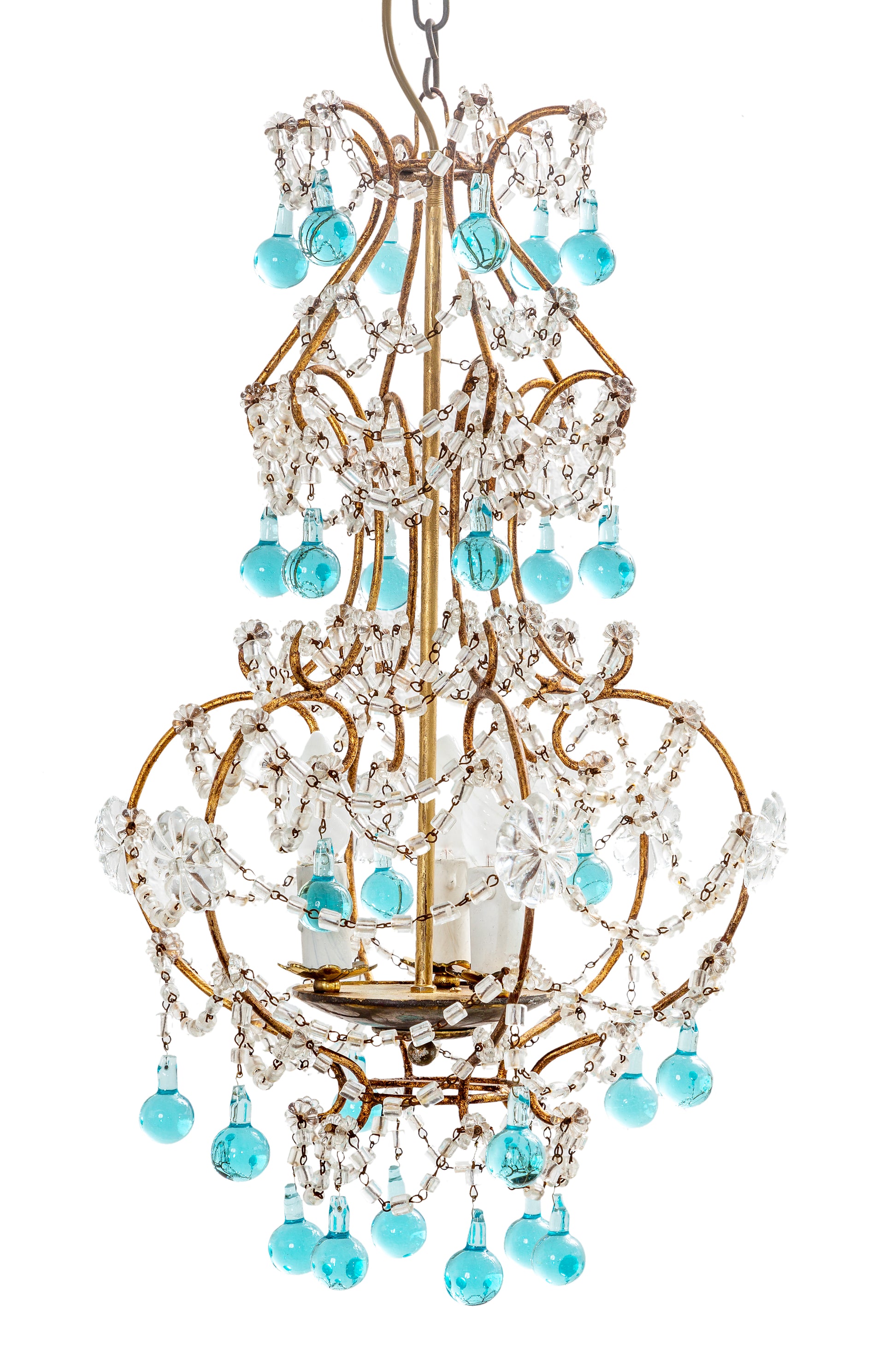 SOLD A beautiful gilt metal and pale blue glass pendant light, French Circa 1950