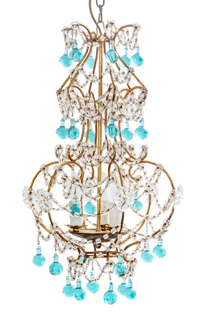 SOLD A beautiful gilt metal and pale blue glass pendant light, French Circa 1950