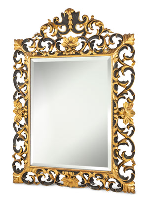 SOLD A very decoratively carved gilt and black Florentine style mirror, Italian Circa 1900