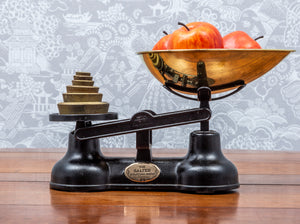 SOLD A sweet set of brass and black painted cast iron Salters confectioners Scales, English Circa 1930